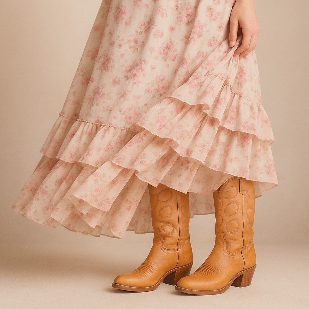 Vintage Double H Tan Leather Cowboy Boots – Women’s 6.5 – Western Mid‑Calf Boot